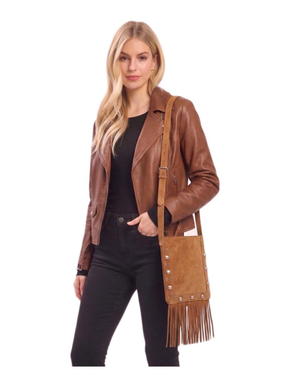Tigerstars Vintage Camel Studded Faux Suede Fringe Western Crossbody Bag